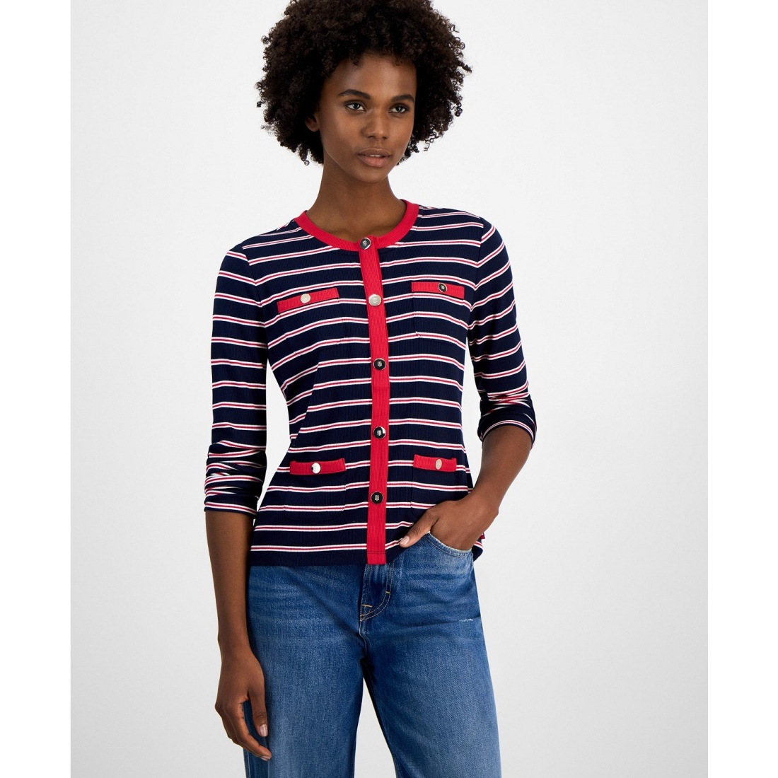 'Striped Contrast-Trim Button Faux Cardigan' pour Femmes