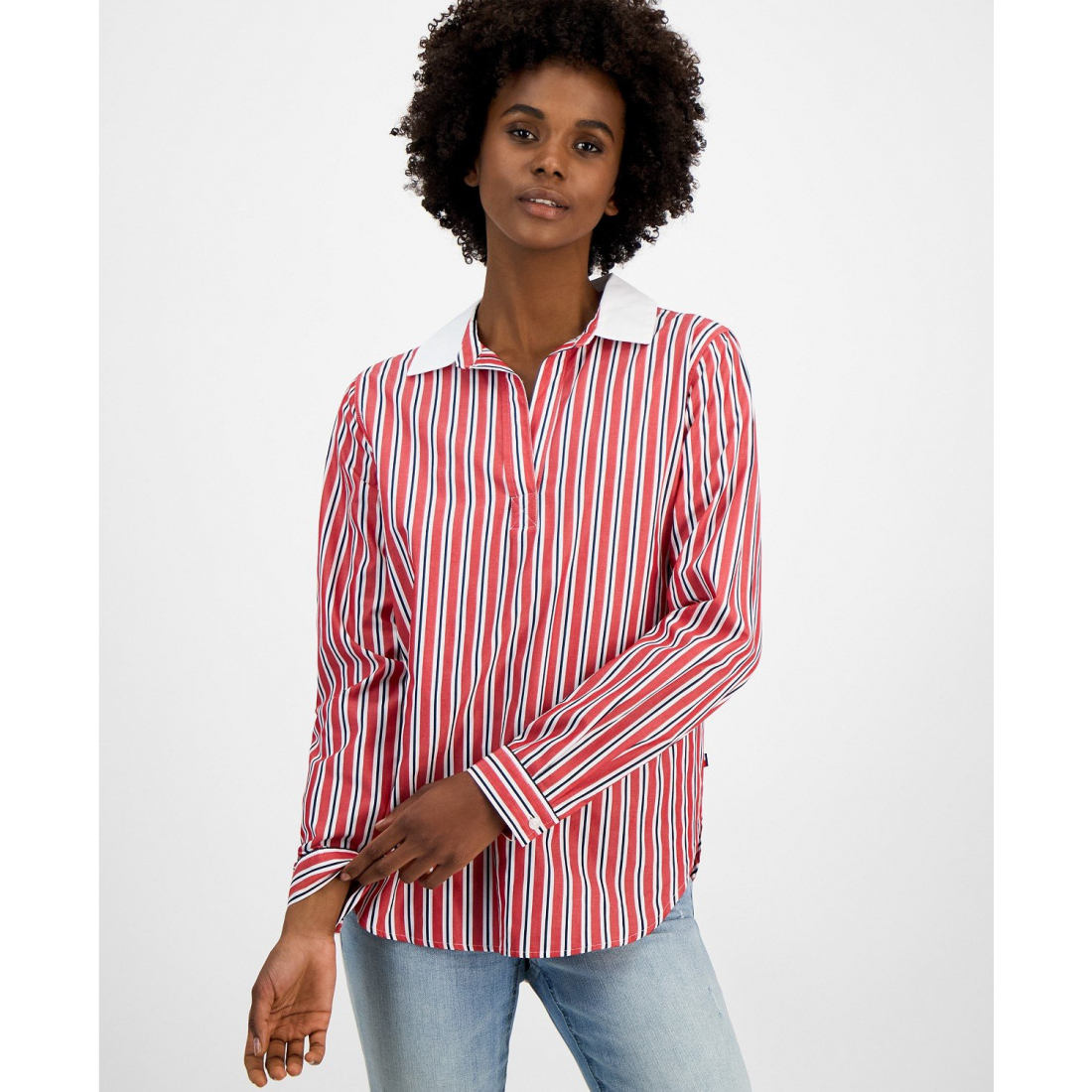 'Cotton Contrast-Collar Striped Tunic' pour Femmes