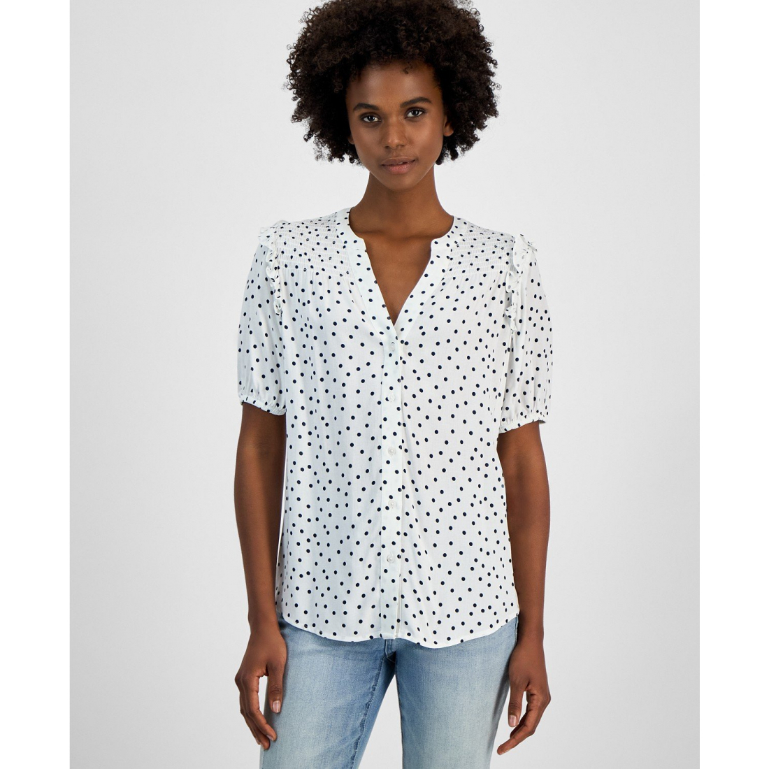 'Dot-Print Smocked-Yoke Shirt' pour Femmes