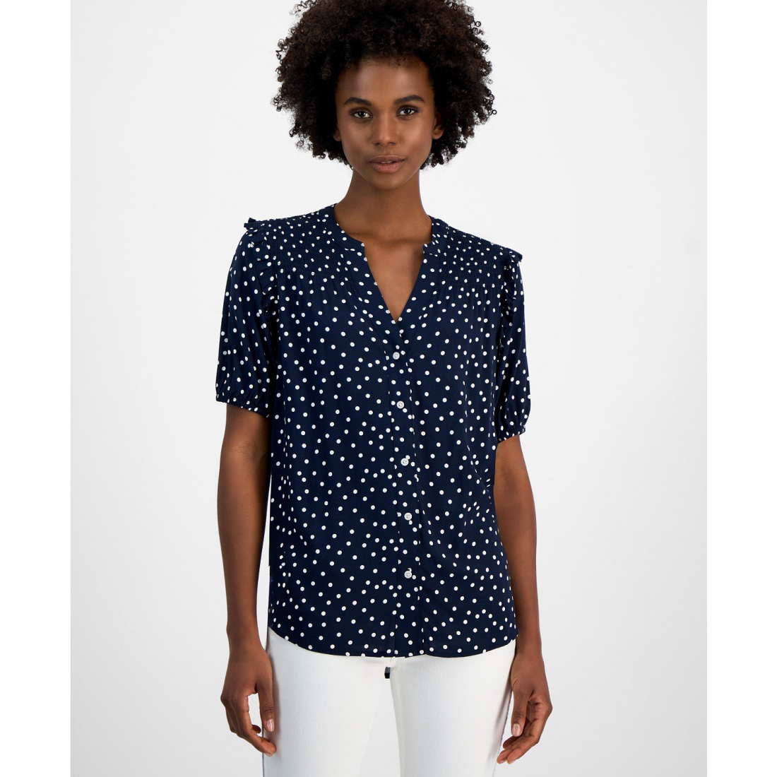 'Dot-Print Smocked-Yoke Shirt' pour Femmes