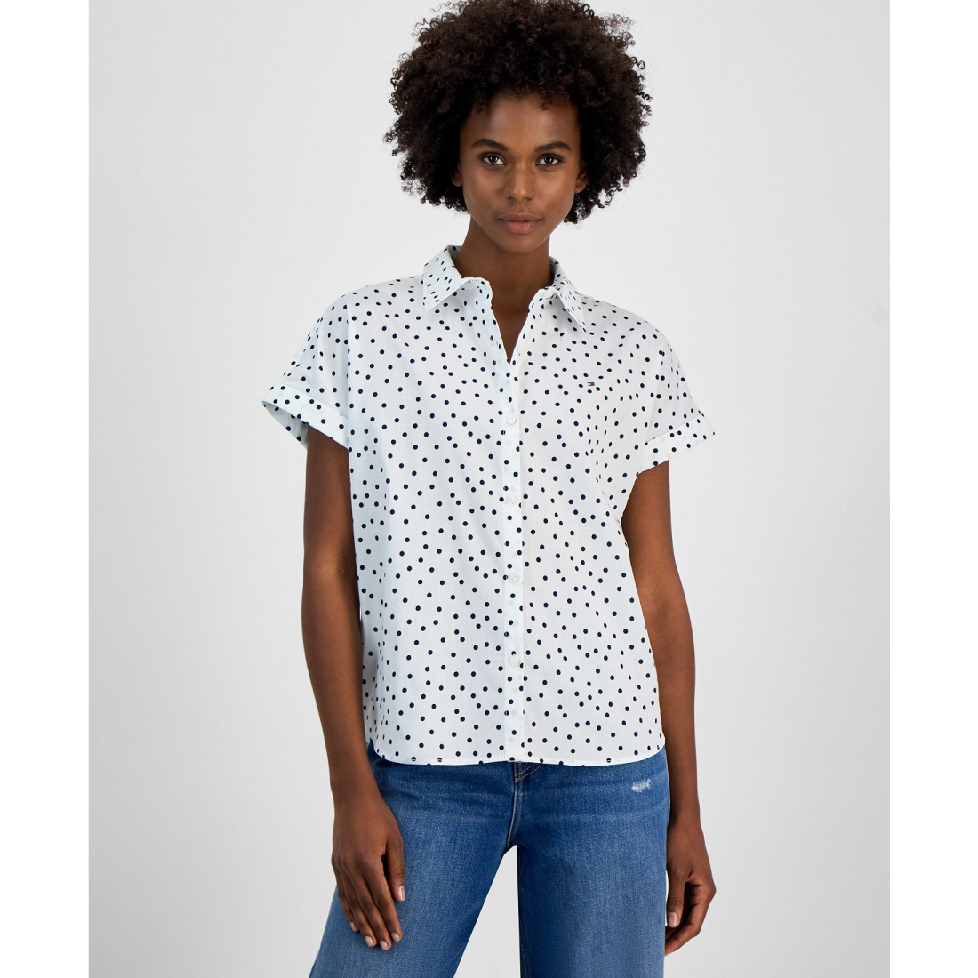 'Cotton Dot-Print Short-Sleeve Camp Shirt' für Damen