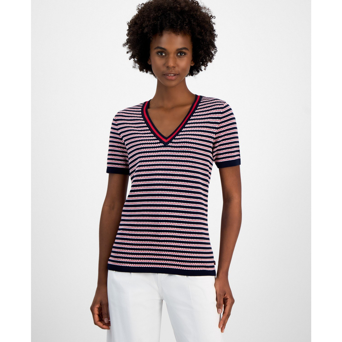 'Cotton Seabrook Striped V-Neck Sweater' pour Femmes