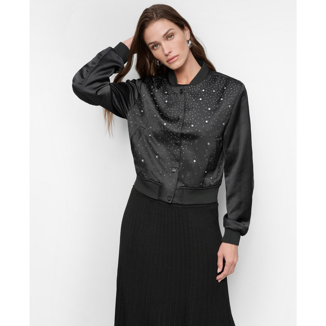 Blouson bomber 'Studded Snap-Front Long-Sleeve' pour Femmes