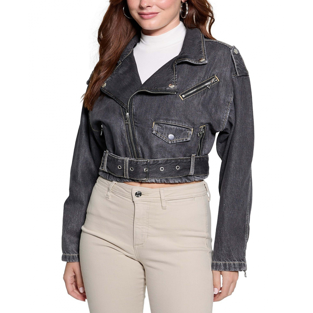 Women's 'Cropped Belted-Hem Denim Moto Sandy Jacket' Biker Jacket
