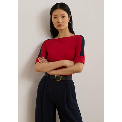 'Two Tone Stretch Cotton Elbow Sleeve T-Shirt' pour Femmes