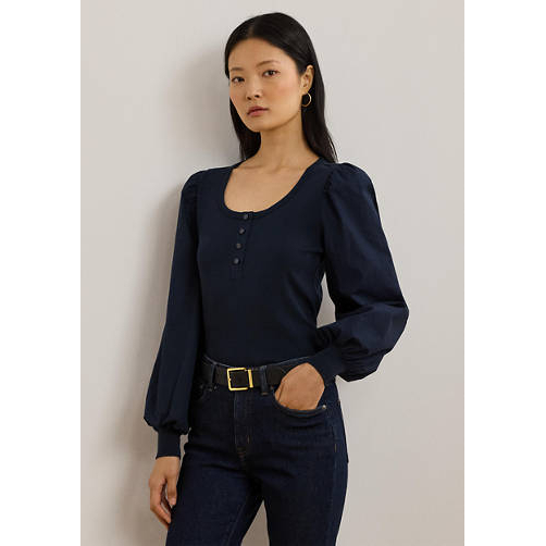 'Stretch Cotton Puff-Sleeve Henley Top' für Damen