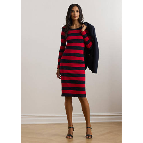 'Striped Cotton Blend Ribbed' Midi Kleid für Damen