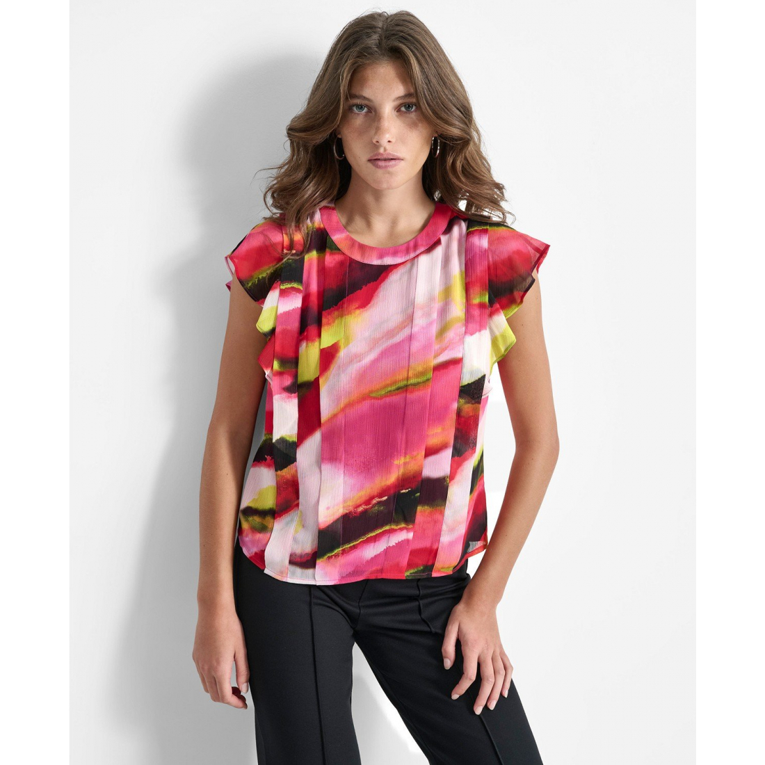 Top 'Textured Pleated Flutter-Sleeve' pour Femmes