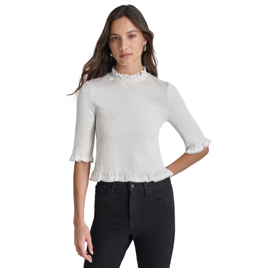 Top 'Sequin Smocked Elbow-Sleeve' pour Femmes