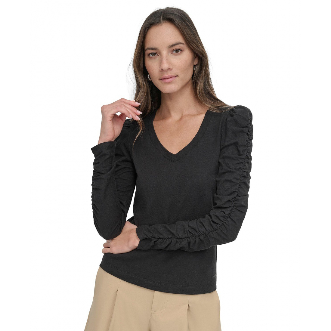 Top 'Cotton V-Neck Ruched-Sleeve' pour Femmes