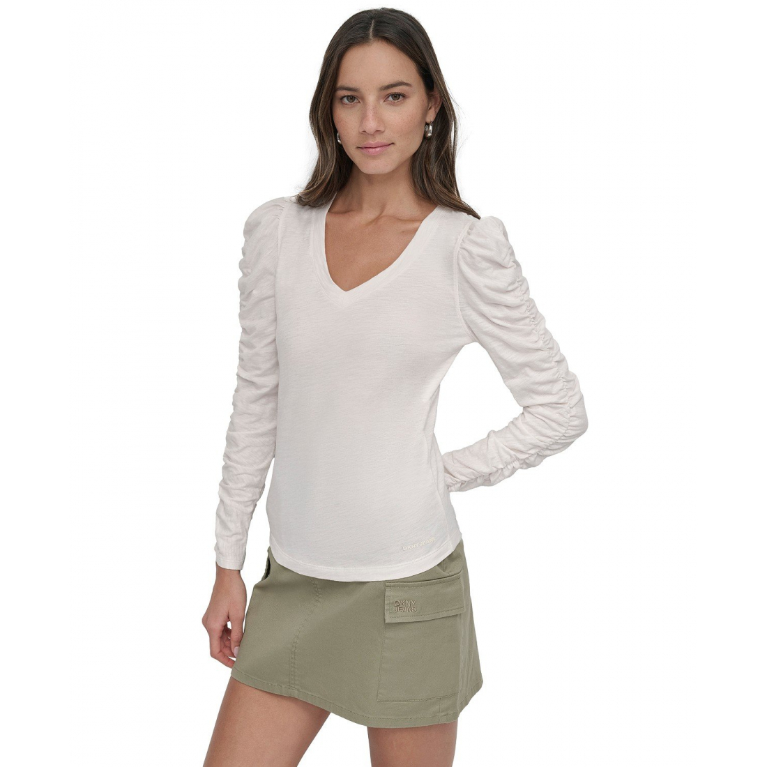 Top 'Cotton V-Neck Ruched-Sleeve' pour Femmes