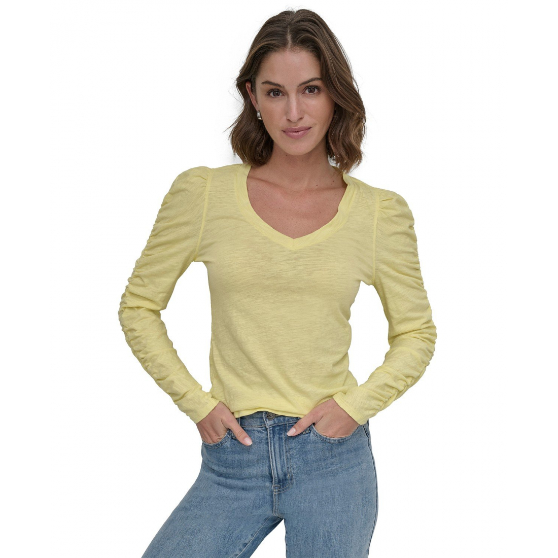 Top 'Cotton V-Neck Ruched-Sleeve' pour Femmes