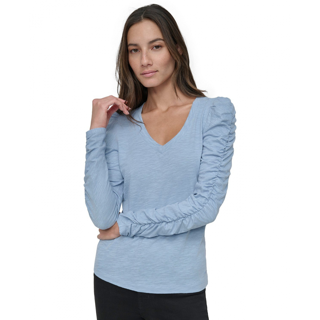 Top 'Cotton V-Neck Ruched-Sleeve' pour Femmes