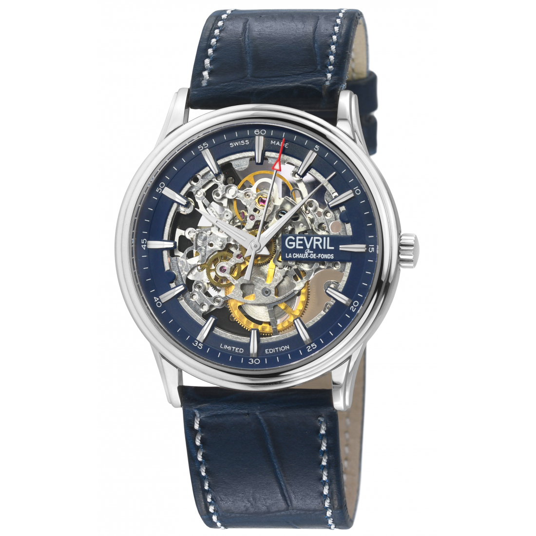 Men's Jean Marcel Stainless Steel Skeleton Dial, Blue Italian Leather Strap Watch