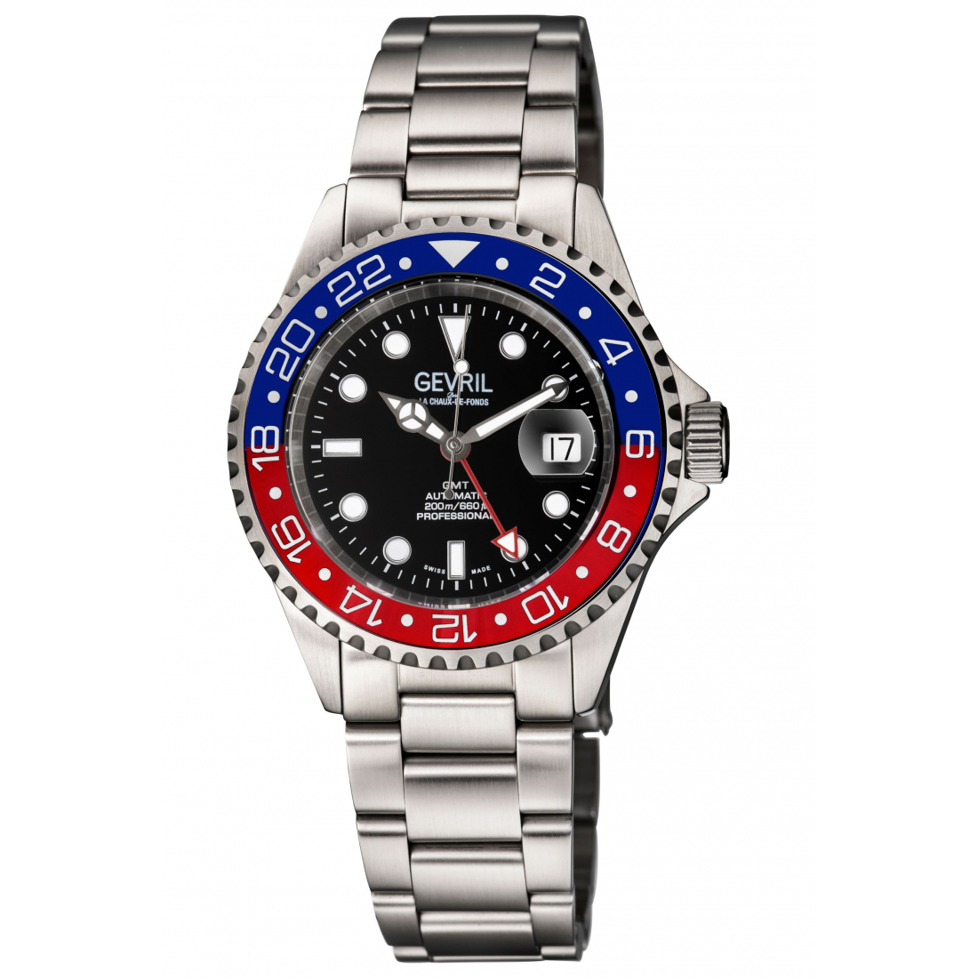 Men's Wall Street Gmt Blk Dial Blu/Red Ceramic Bezel Stainless Steel Bracelet Watch