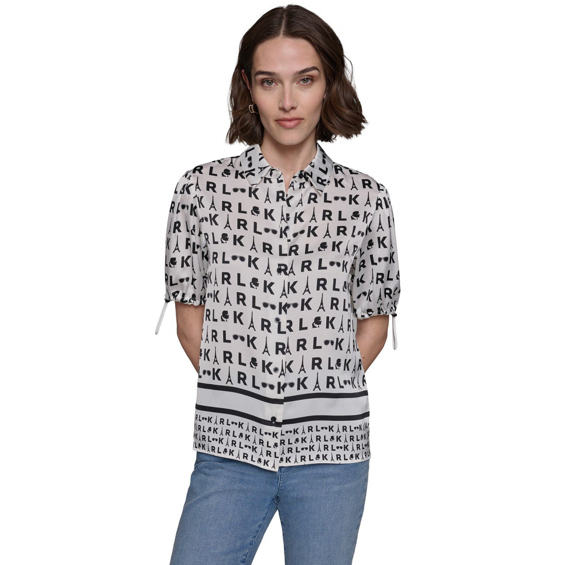 Top 'Printed Bungee-Sleeve Button-Down' pour Femmes