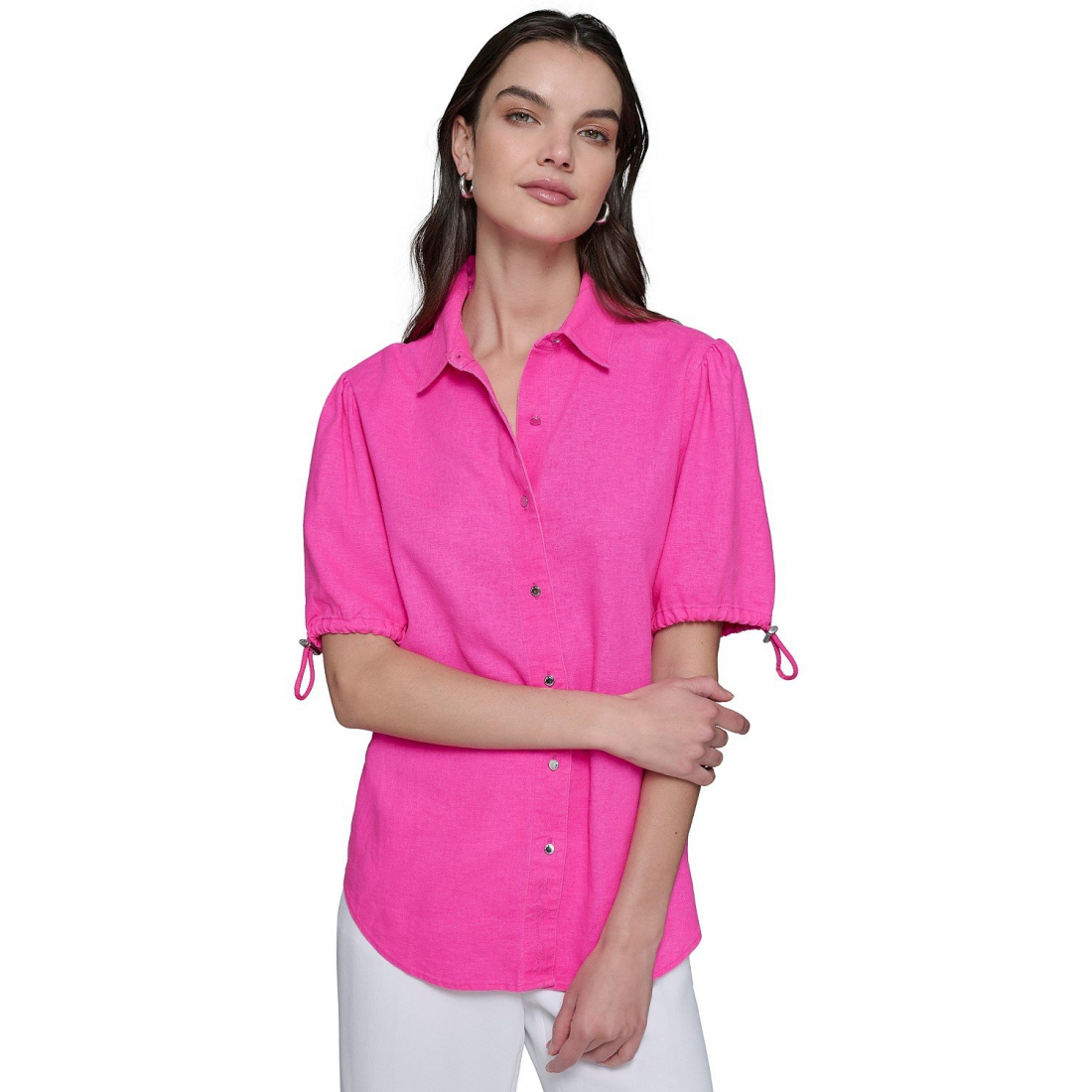 Top 'Linen-Blend Bungee-Sleeve Button-Front, Regular & Petite' pour Femmes