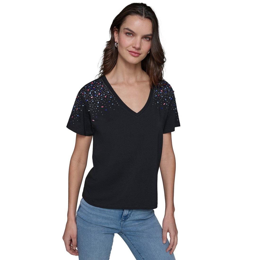 T-shirt 'Embellished V-Neck' pour Femmes