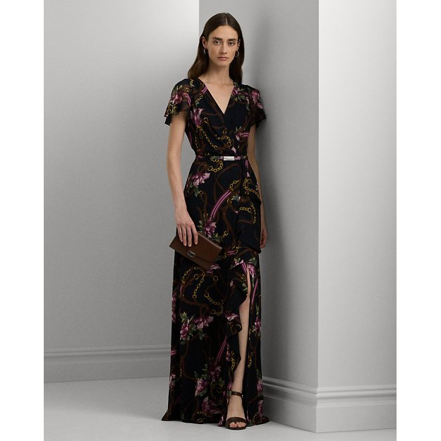 Women's 'Print Belted Flutter-Sleeve' Gown