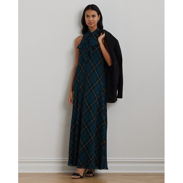 'Plaid Crinkle Georgette Tie-Neck Gown' pour Femmes