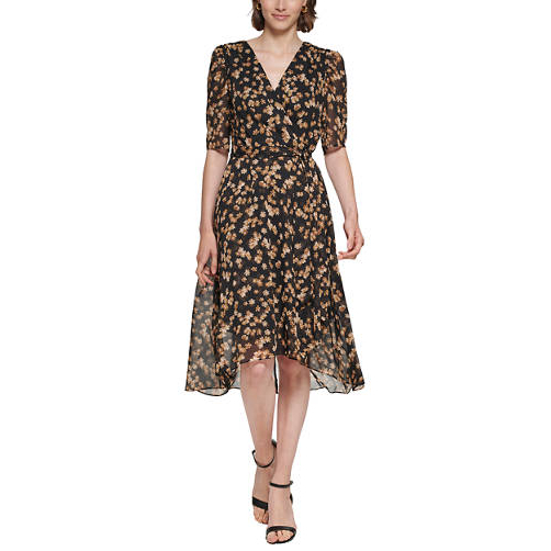 Robe ajustée et évasée 'Puff Sleeve Floral Chiffon' pour Femmes