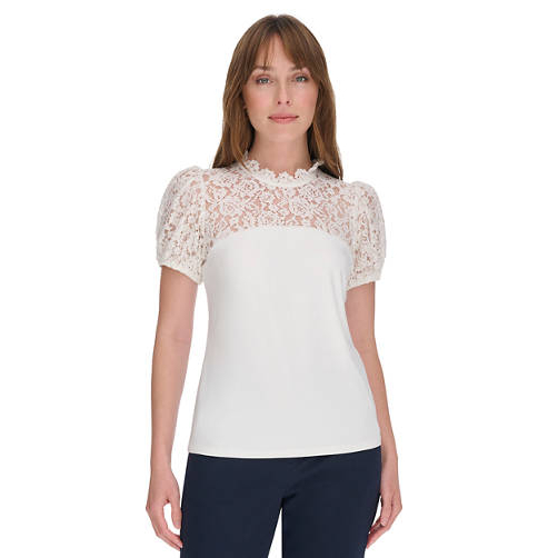 Top à manches courtes 'Mixed Media Lace Yoke' pour Femmes