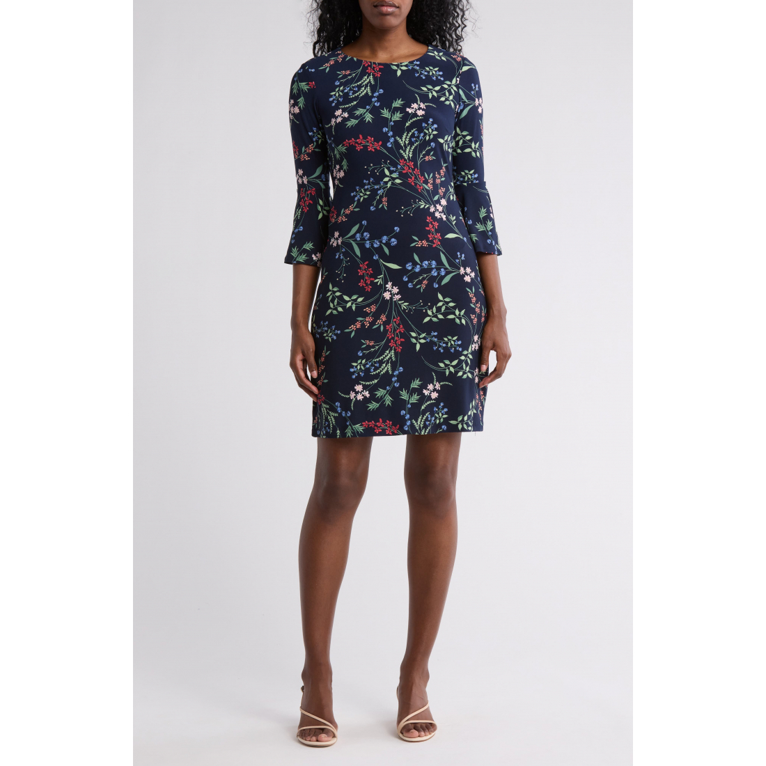 'Floral Spray Bell Sleeve Jersey Shift' Mini Kleid für Damen