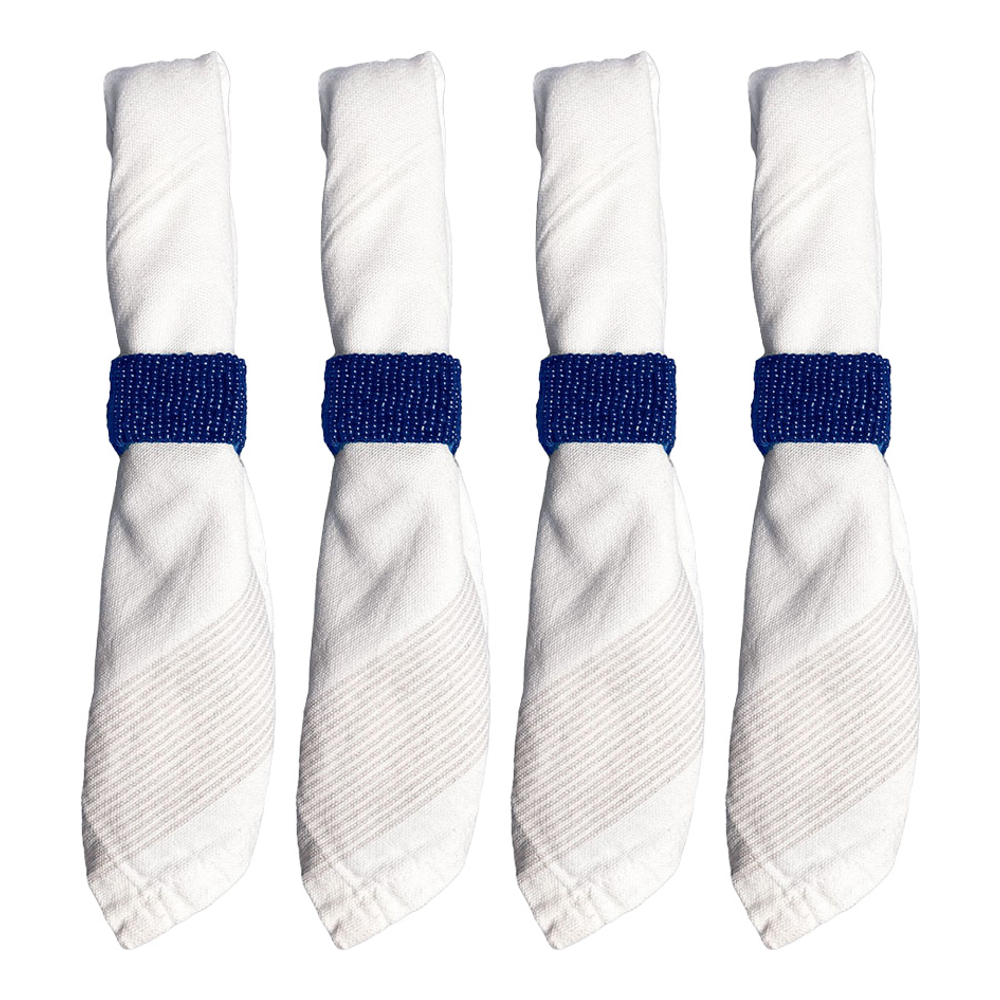 Set mit 4 dunkelblauen, rechteckigen Serviettenringen mit Perlen