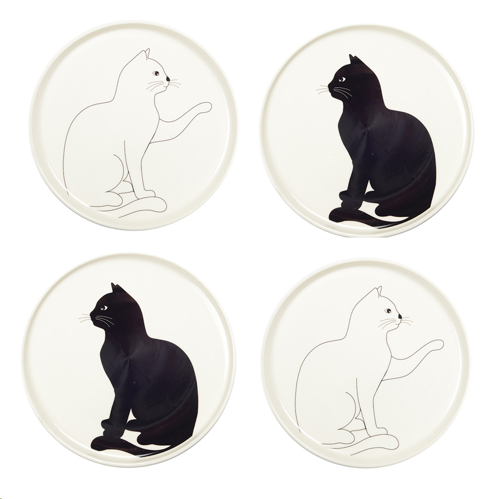 Black And White Cat Dessert Plate - Set Of 4