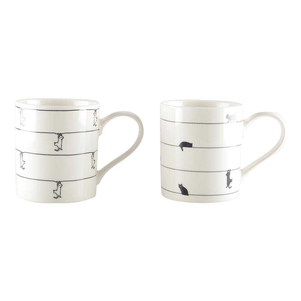White Tea Cups With Cat Design - 2 Pieces