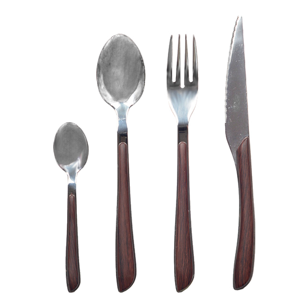 Shiny Silver Cutlery Set With Wooden Handles - 24 Pieces