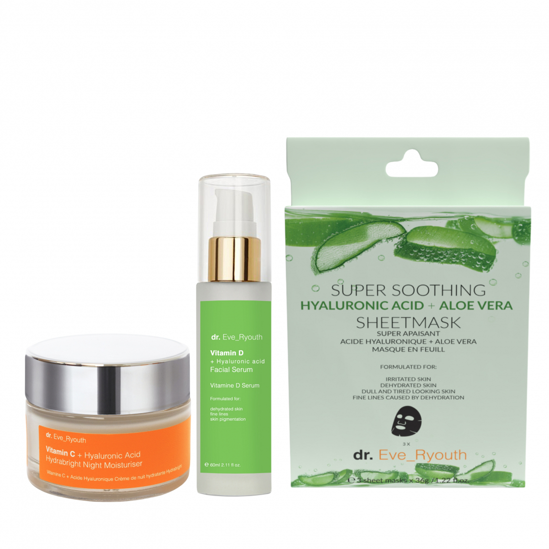 Hydratant, Masque, Sérum 'Vitamin C + Hyaluronic + Vitamin D + Aloe Vera' - 3 Pièces