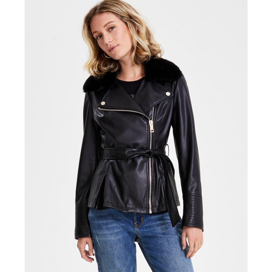 Perfecto 'Faux-Fur-Trim Faux-Leather Asymmetric Belted' pour Femmes