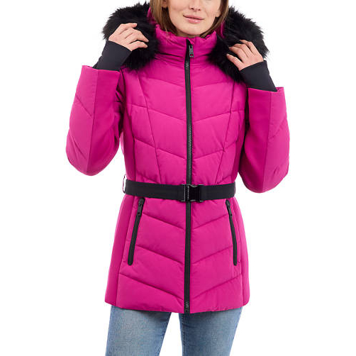 'Belted Puffer Coat with Faux Fur Hood' pour Femmes