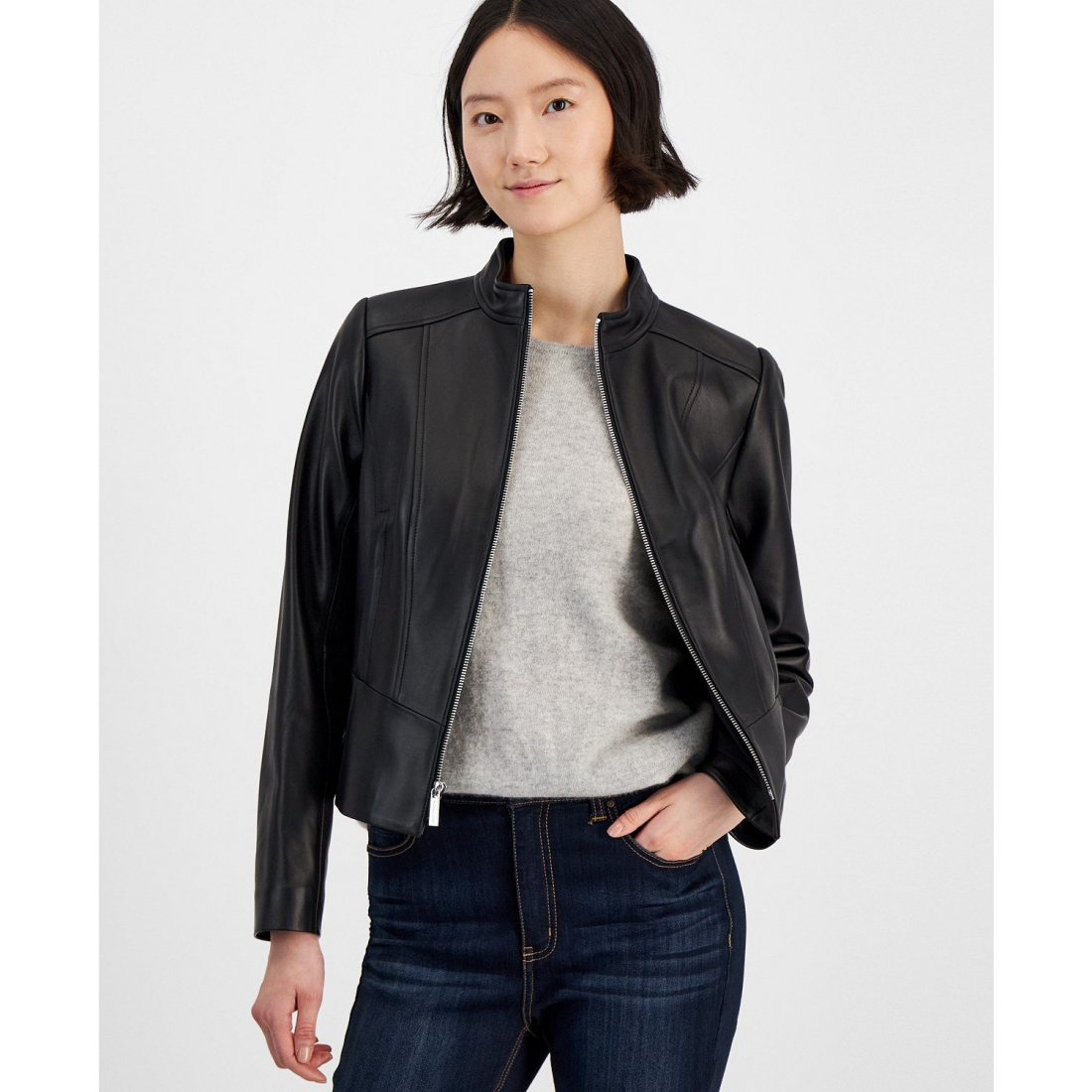 Veste en cuir 'Zip-Front Leather Jacket' pour Femmes