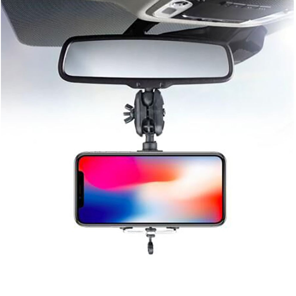 Adjustable car phone holder for rearview mirror attachment with 360° rotation