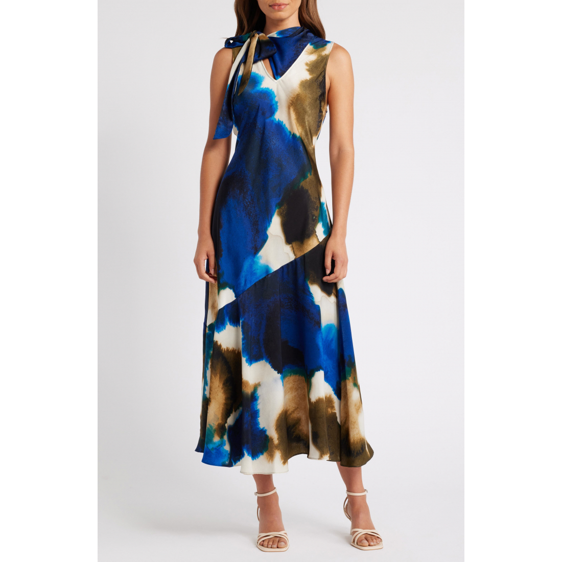 Women's 'Watercolor Print Tie Neck' Maxi Dress
