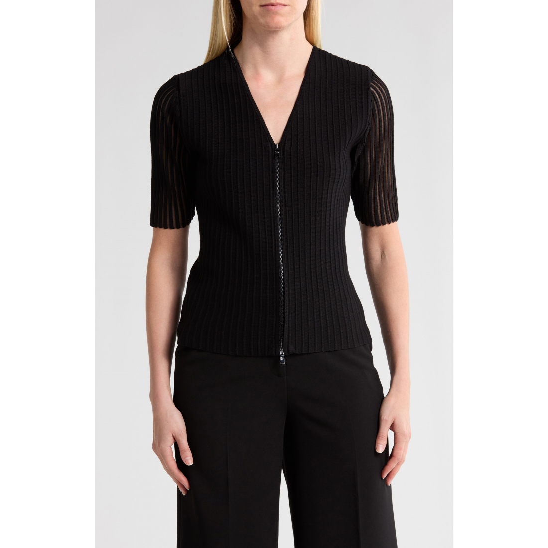 Women's 'Zip Front Ribbed' Short Sleeved Cardigan