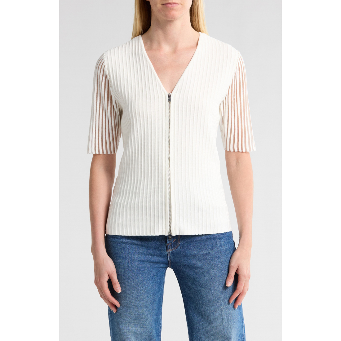 Women's 'Zip Front Ribbed' Short Sleeved Cardigan
