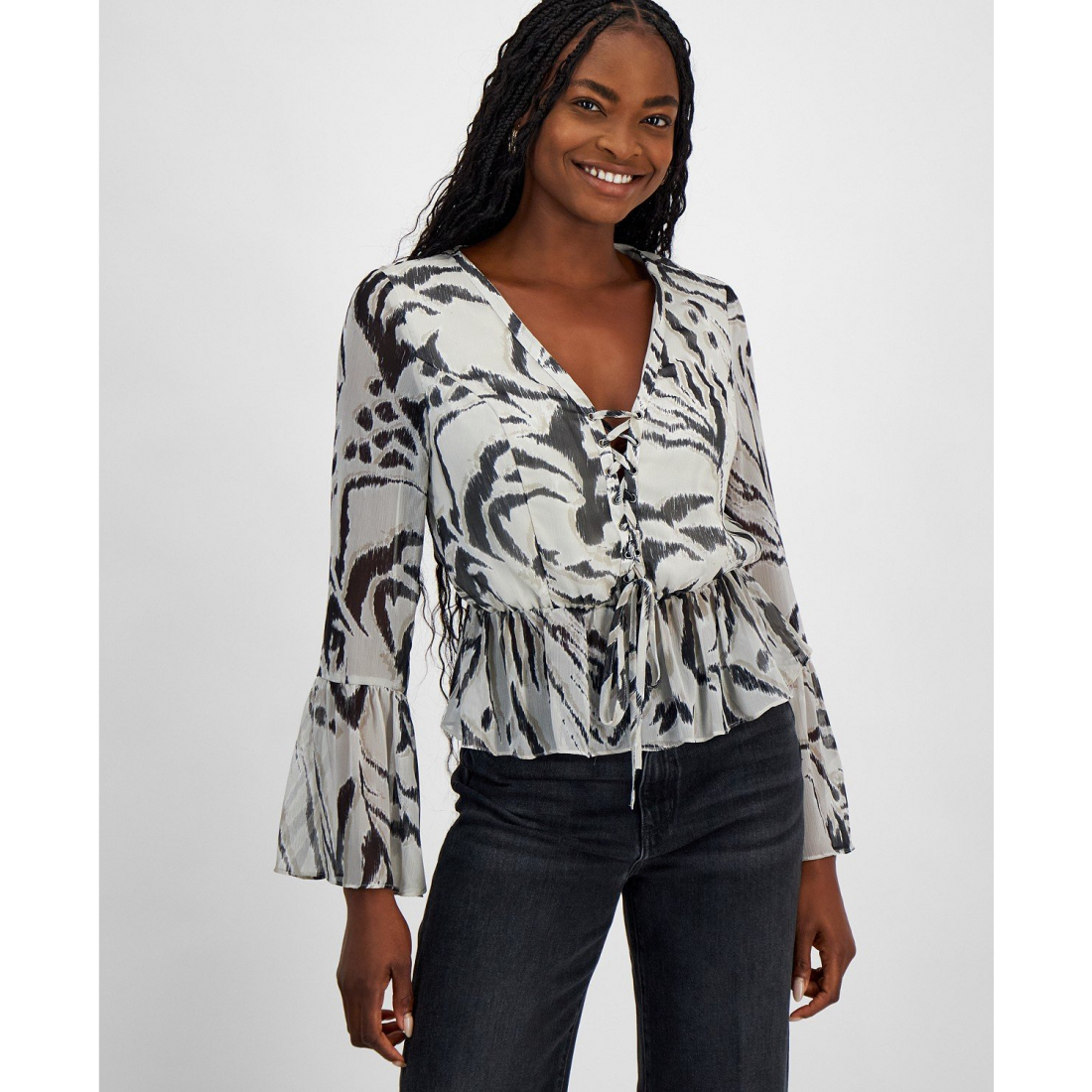 Top à manches longues 'Demi Printed Lace-Up Peplum' pour Femmes