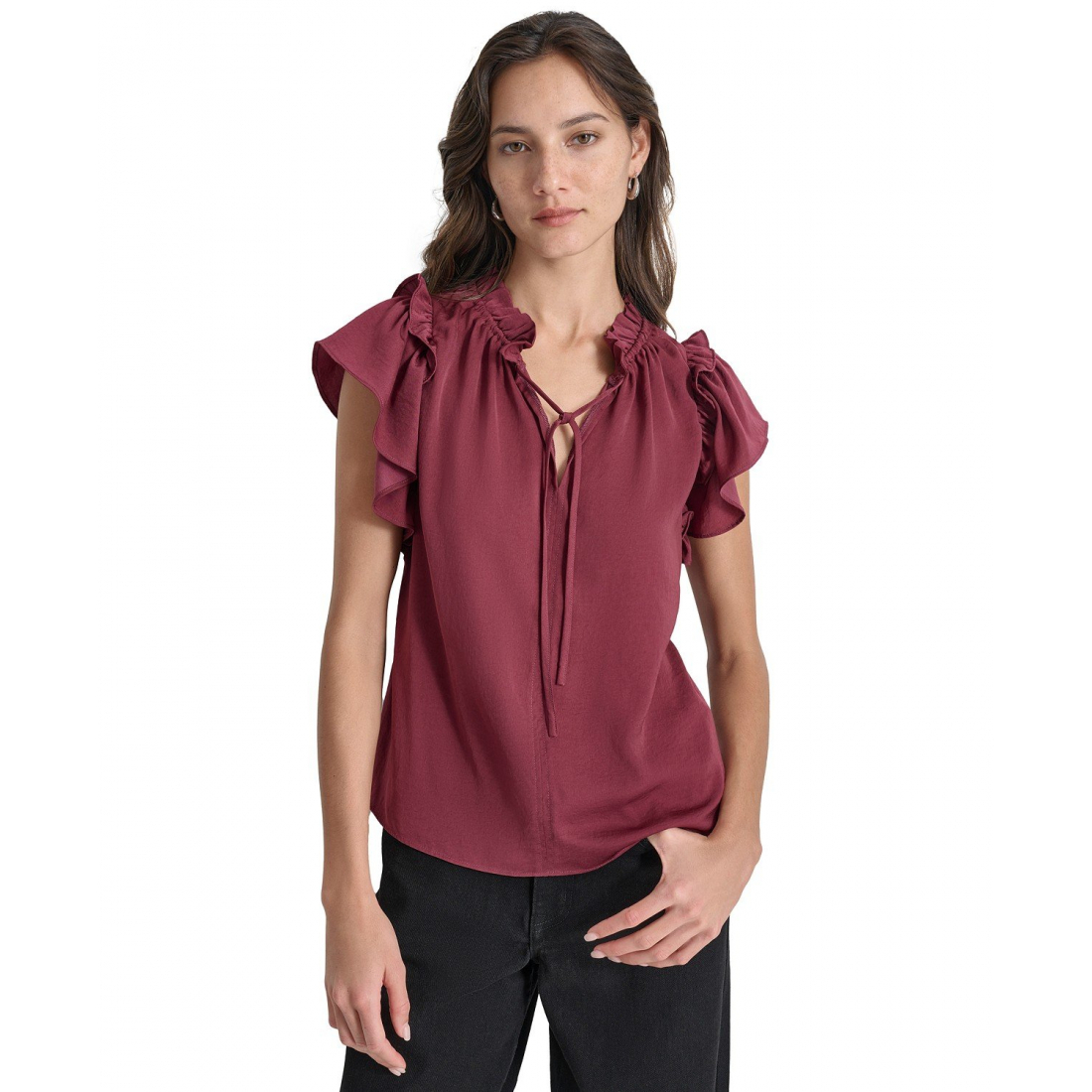 Top à manches courtes 'Ruffle-Trim Split-Neck' pour Femmes