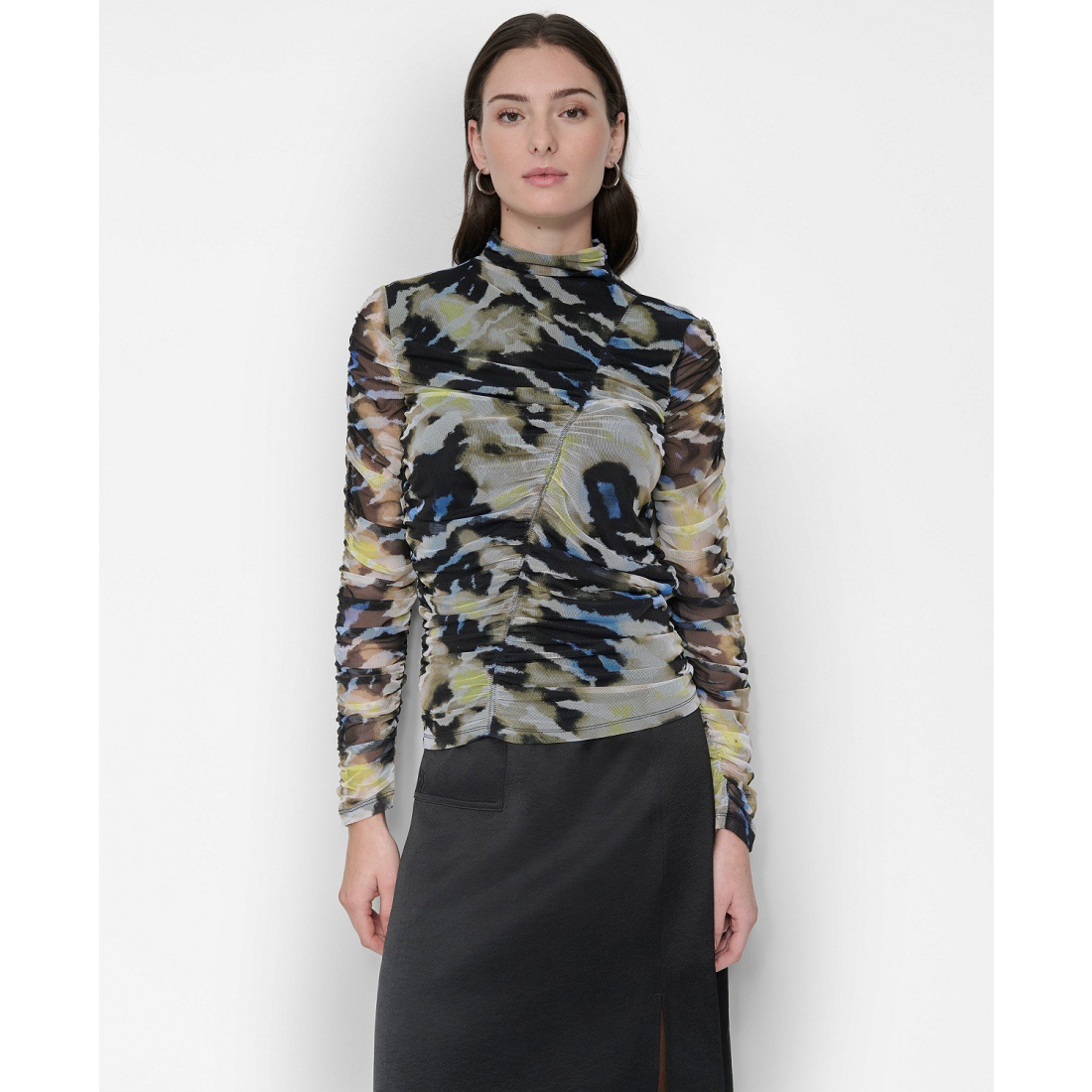Top à manches longues 'Printed Mock-Neck Ruched Mesh' pour Femmes