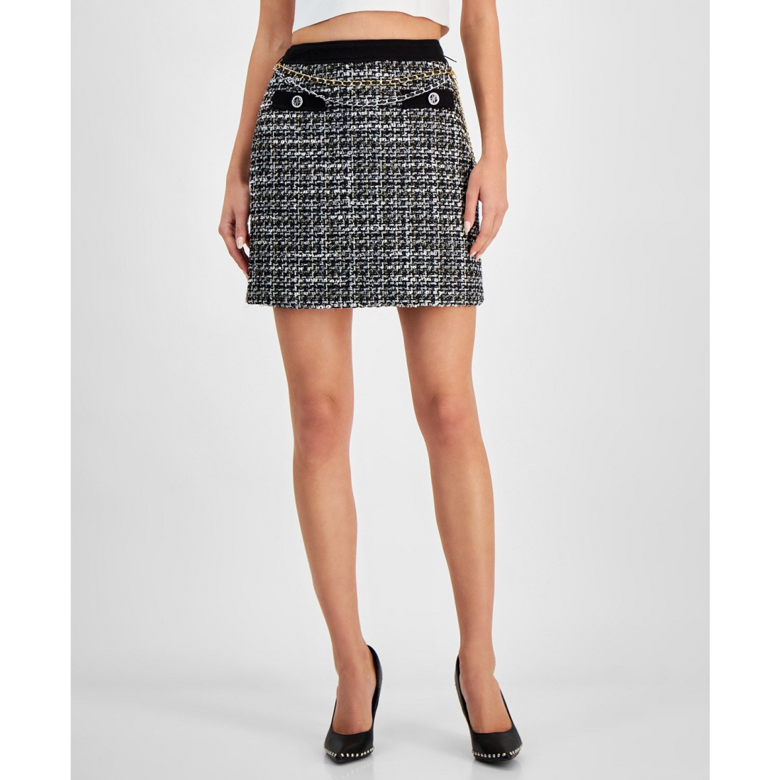 Women's 'Yvonne Belted Denim & Tweed' Denim Skirt