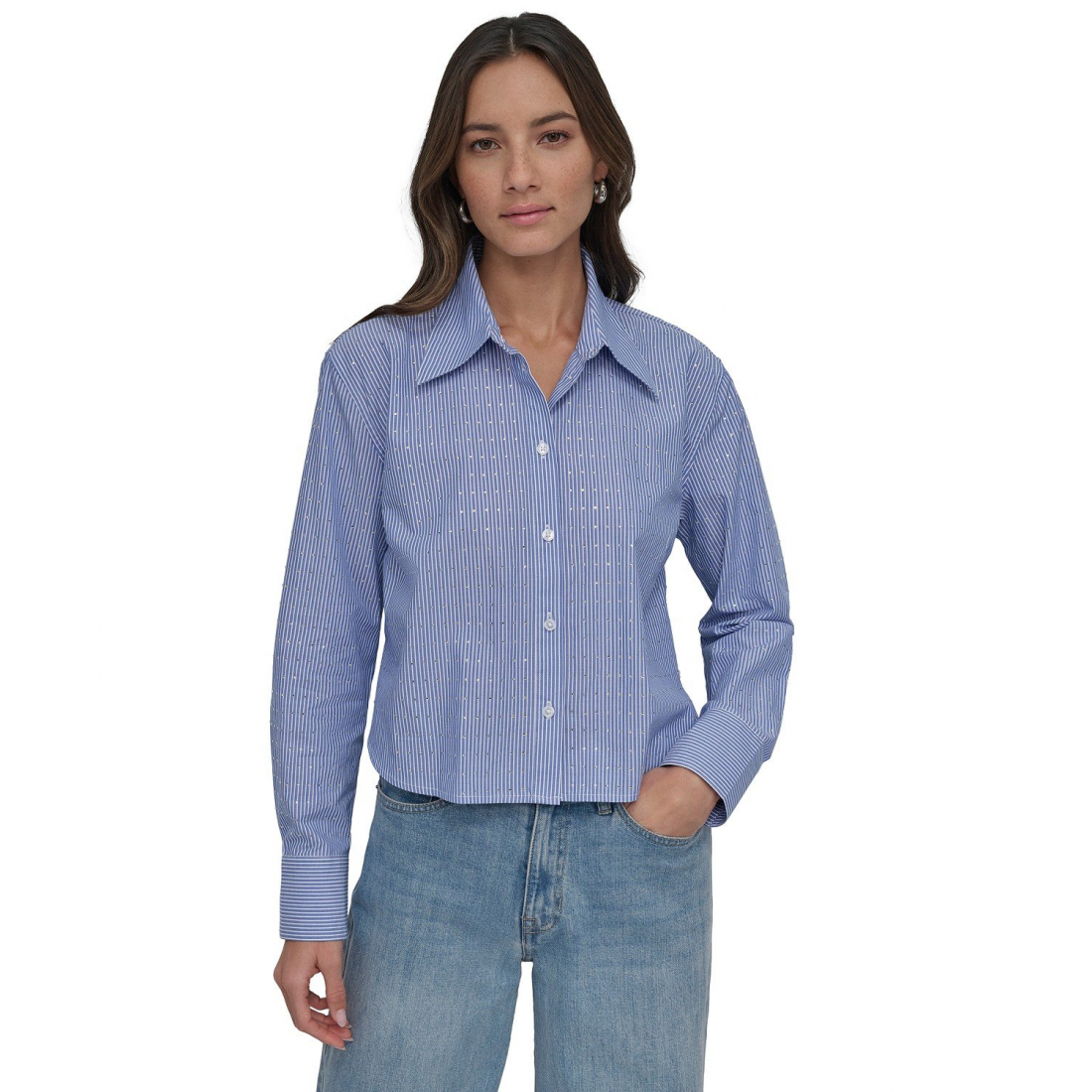Chemise 'Striped Poplin Studded Rhinestone Cotton Long-Sleeve Button-Fron' pour Femmes