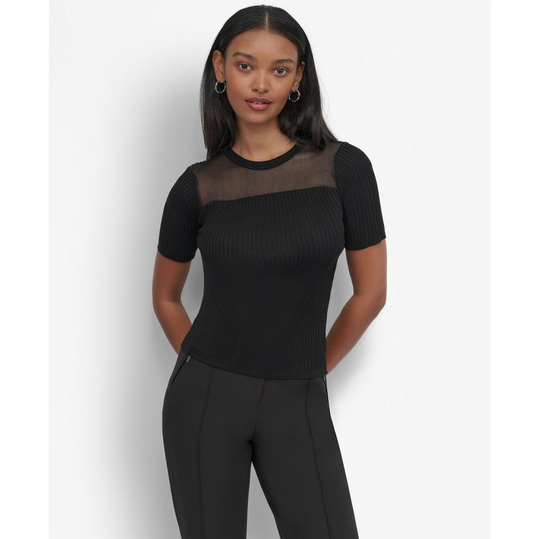 Pull à manches courtes 'Sheer-Inset' pour Femmes