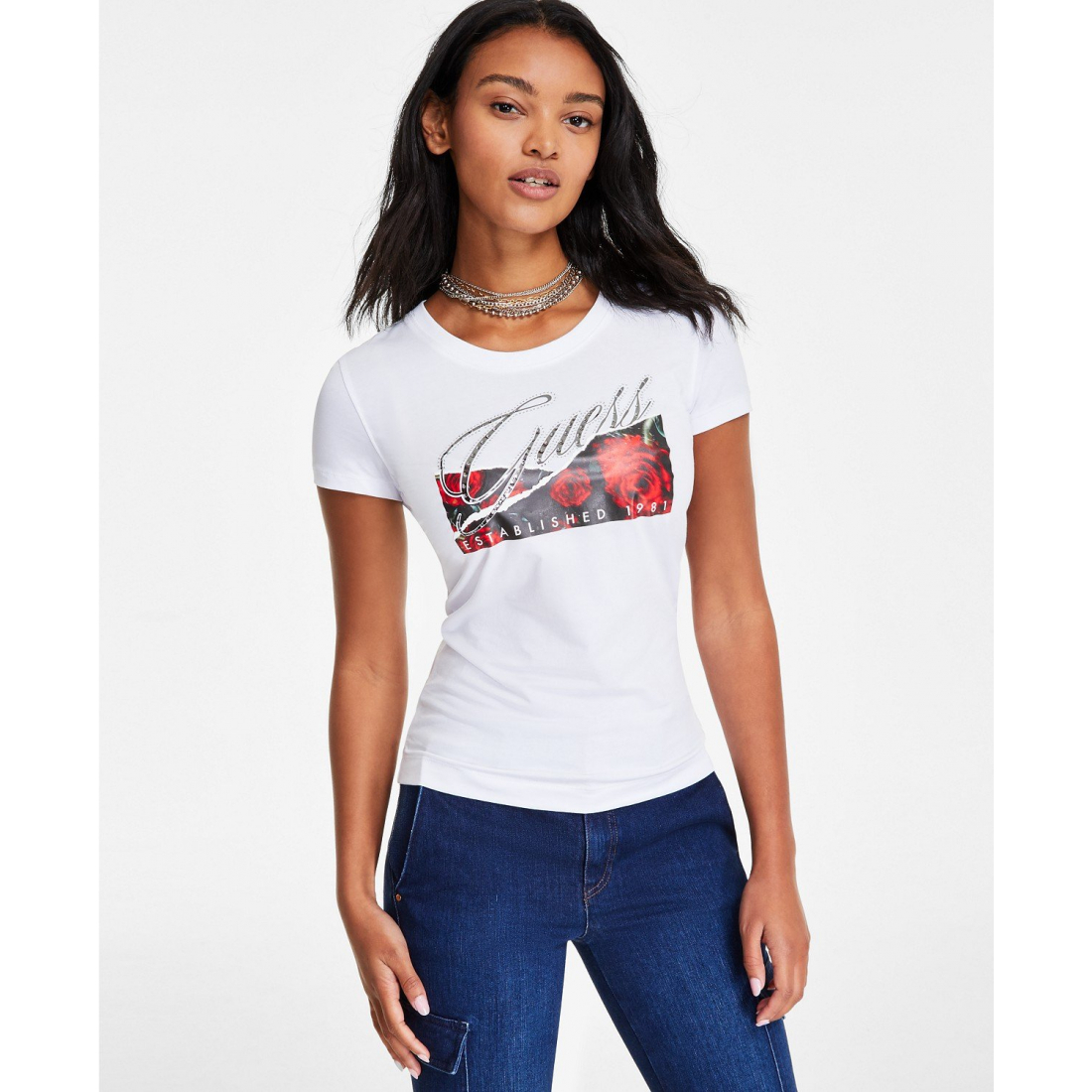 T-shirt 'Rose Graphic Rhinestone Crewneck' pour Femmes