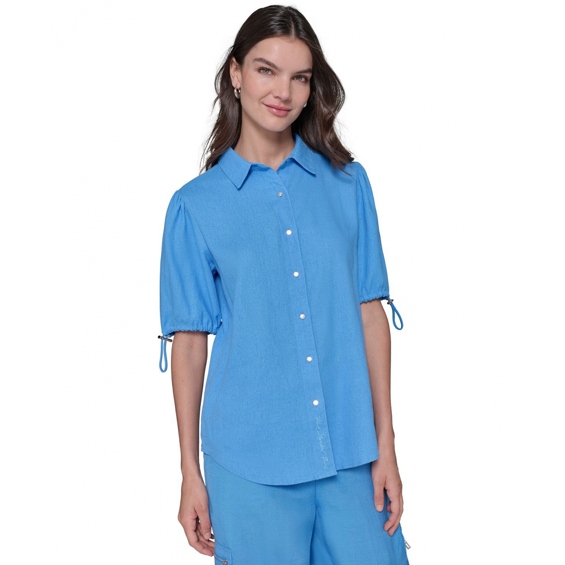 Top à manches courtes 'Linen-Blend Bungee-Sleeve Button-Front' pour Femmes