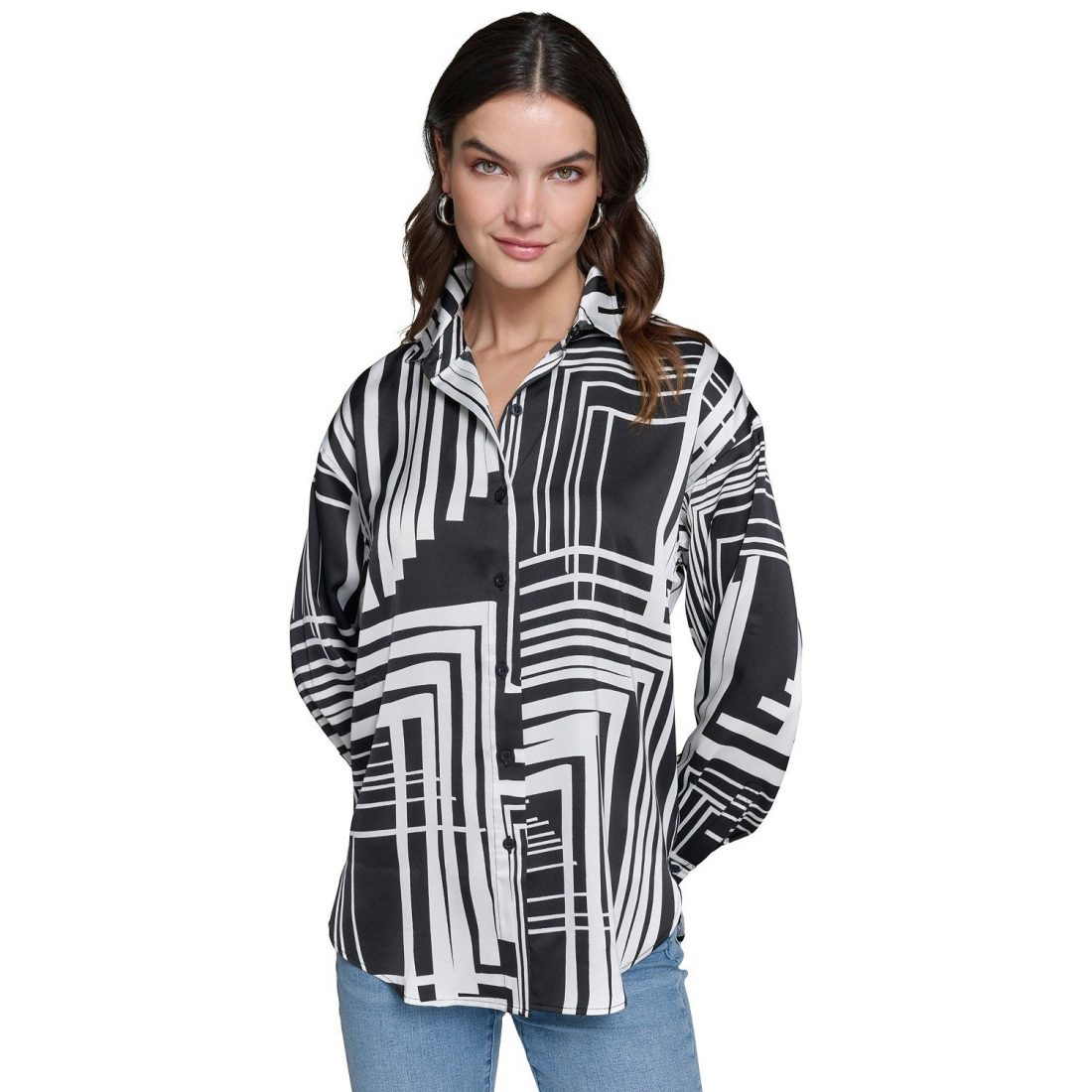 'Oversized Printed Satin Button-Front' Langärmeliges Oberteil für Damen