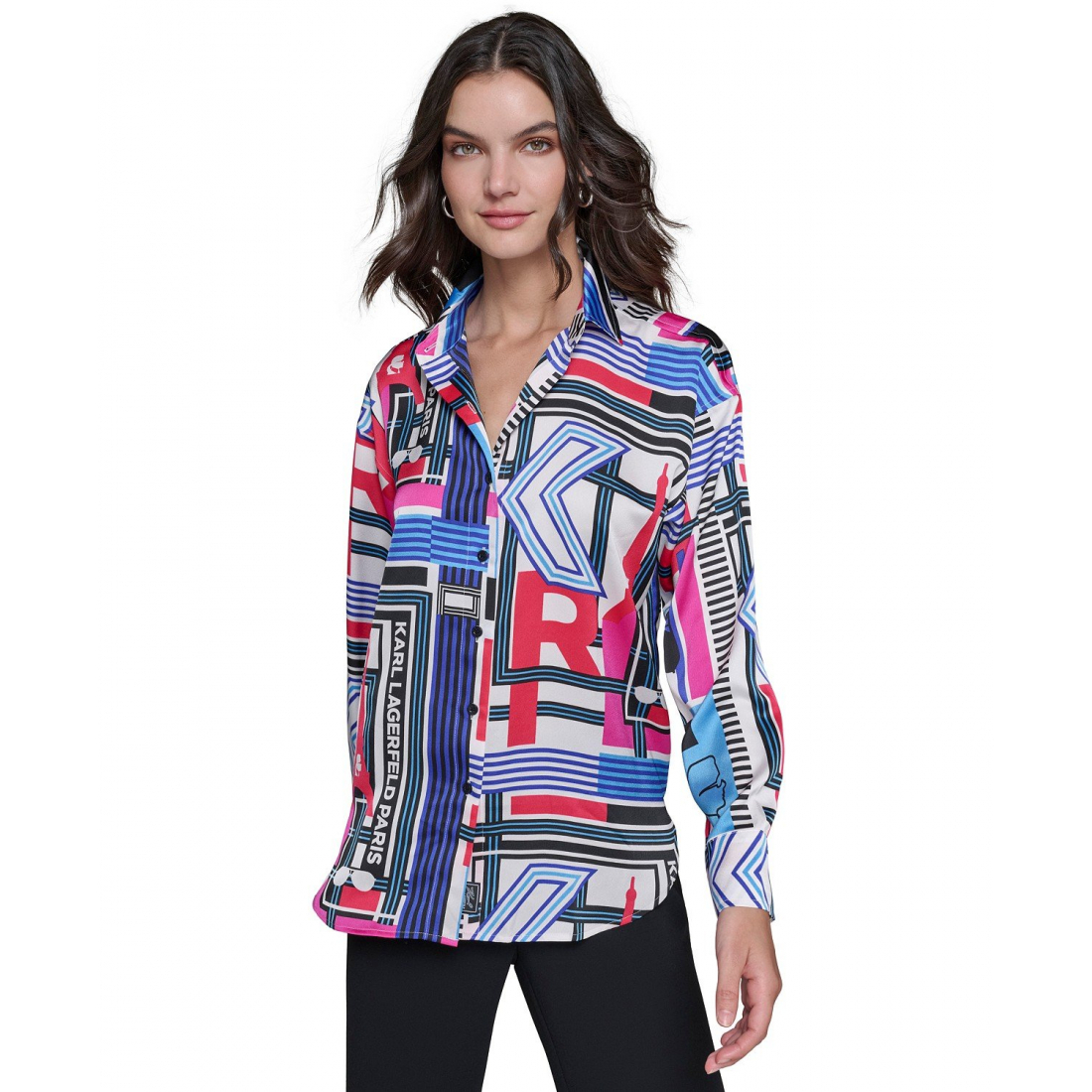 'Oversized Printed Satin Button-Front' Langärmeliges Oberteil für Damen