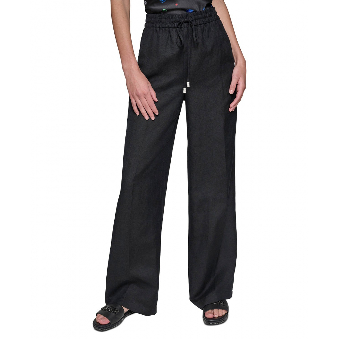 'Linen-Blend Wide-Leg Drawstring' Hose für Damen